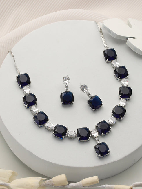 White Rhodium Blue CZ Studded Luxe Statement Jewellery Set