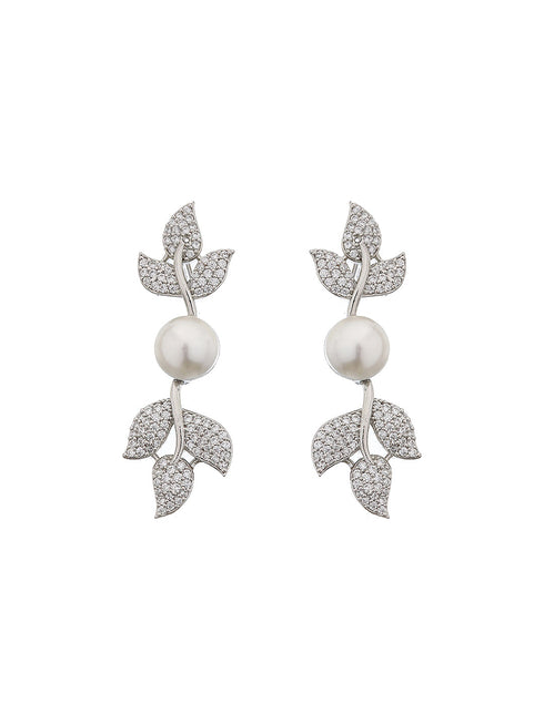 Silver Plated C Z Studded Pearl Floral Statement Jewellery Set