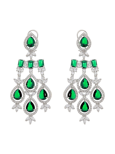 White Rhodium Silver Plated Green CZ Stone Studded jewellery Set
