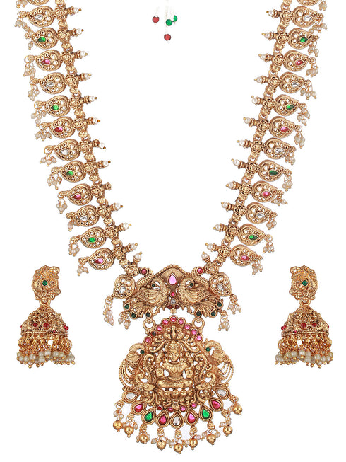 Gold Mango Pearl Drops Temple Lakshmi Devi Haram Necklace Jewellery Set