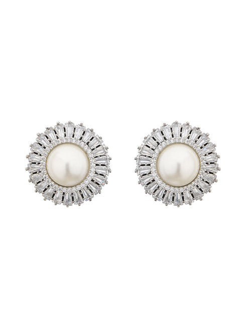 Silver Plated CZ Studded Pearl minimal Studs Earrings