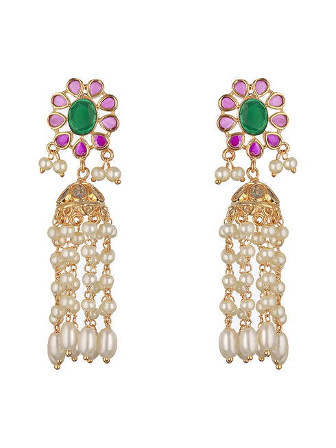 Gold plated Red Green AD Pearl Lightweight Jhumka Earrings