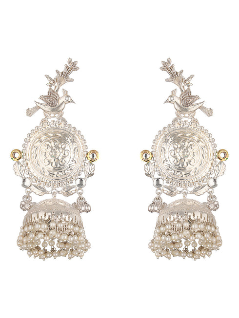 Silver Oxidised Kundan Studded Pearl Beaded Fusion Statement Light Weight Large Jhumka Earring