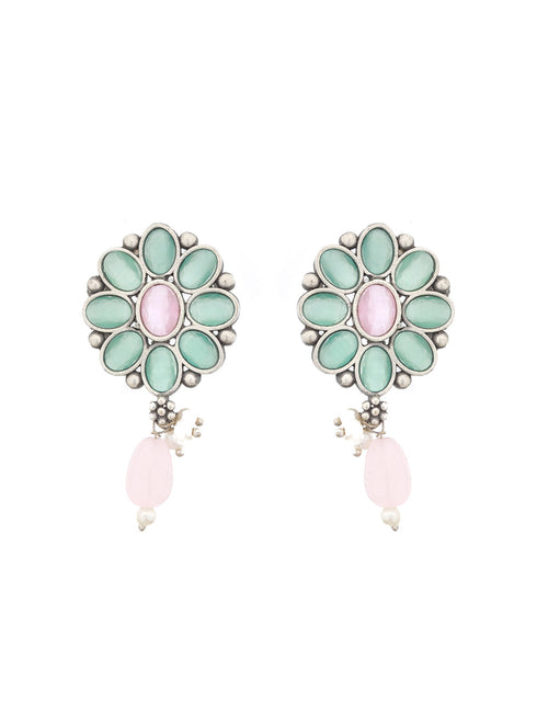 Oxidised Green Stone Studded & Pink Pearl beaded Pendant Jewellery Set