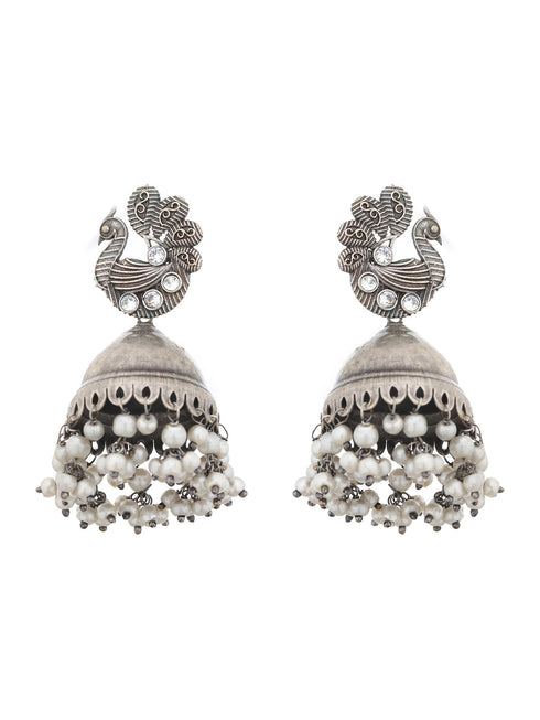 Silver Oxidised Kundan Studded & Pearl Beaded Fusion Statement Jewellery Set