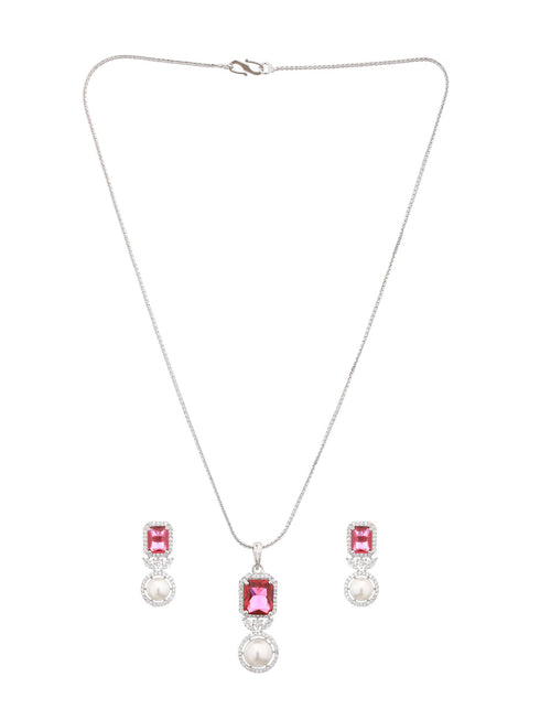 Silver Plated Red CZ Studded Pearl Beaded Minimal Locket jewellery Set