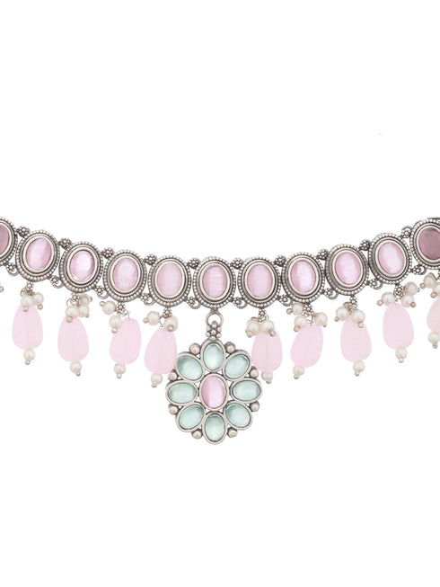 Oxidised Green Stone Studded & Pink Pearl beaded Pendant Jewellery Set