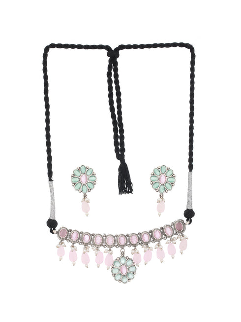 Oxidised Green Stone Studded & Pink Pearl beaded Pendant Jewellery Set