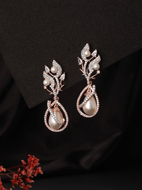 Rose Gold Plated Pearl Beaded Designer Luxe Earrings