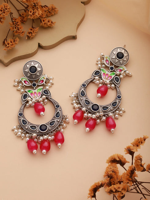 Silver Oxidised Pearl Beaded Hand Painted Crescent Chandbali Earrings
