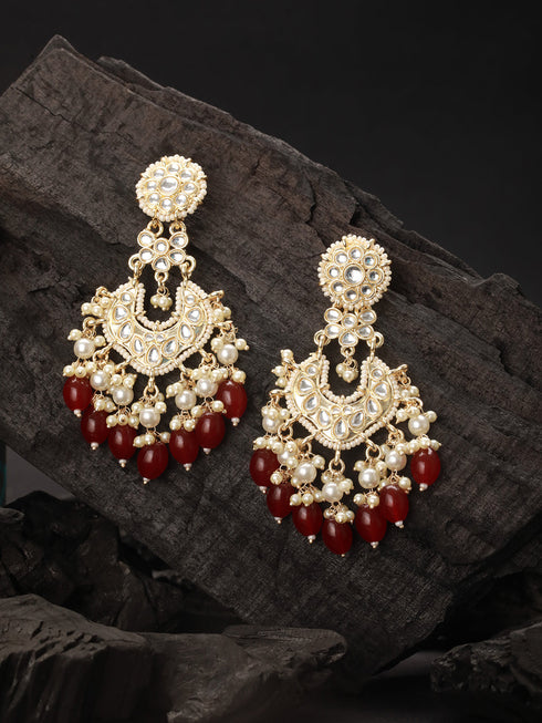 Gold Toned Kundan & Maroon Pearl Beaded Delicate Floral Chandbali Earrings