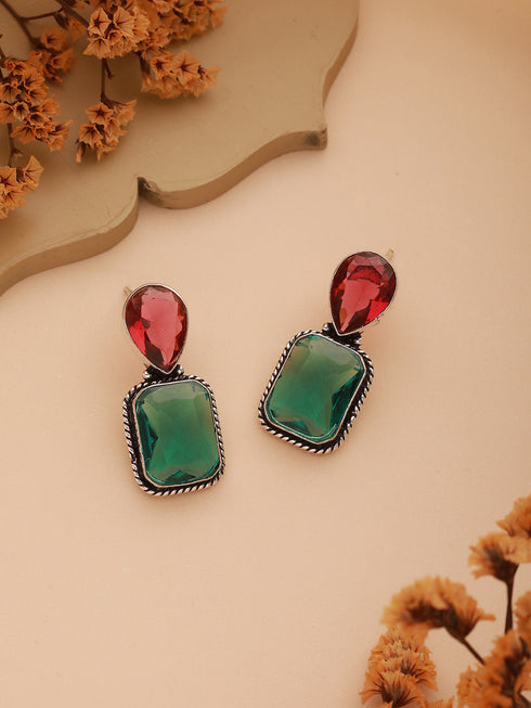 Silver Plated Red & Green AD Minimal Luxe Drop Earrings