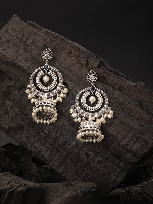 Silver Toned Oxidised Blue AD Studded Handcrafted Contemporary Chandbali Jhumkas Earrings