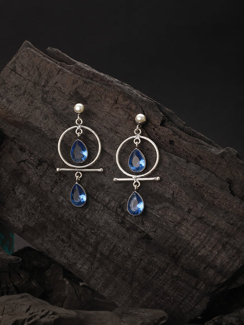 Silver Oxidised Plted Blue Stone AD Minimal T-Shaped Hoop Earrings