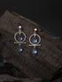 Silver Oxidised Plted Blue Stone AD Minimal T-Shaped Hoop Earrings