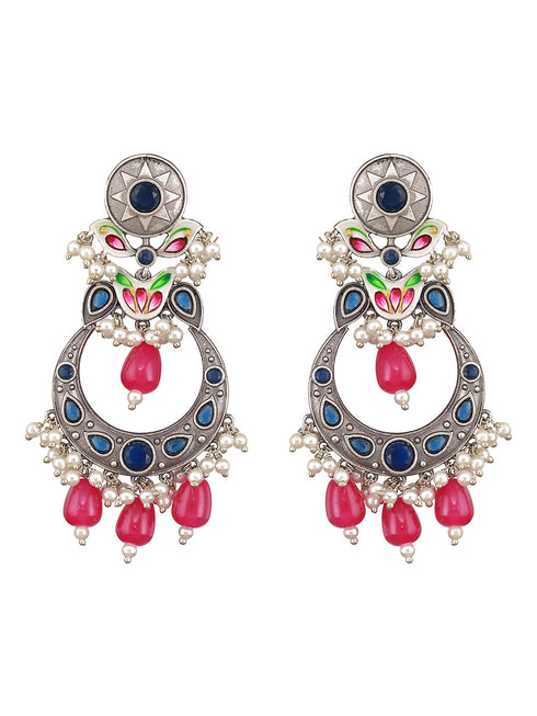 Silver Oxidised Pearl Beaded Hand Painted Crescent Chandbali Earrings