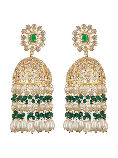 Gold Plated Green Zircon Pearl Beaded Contemporary Jhumka Earrings