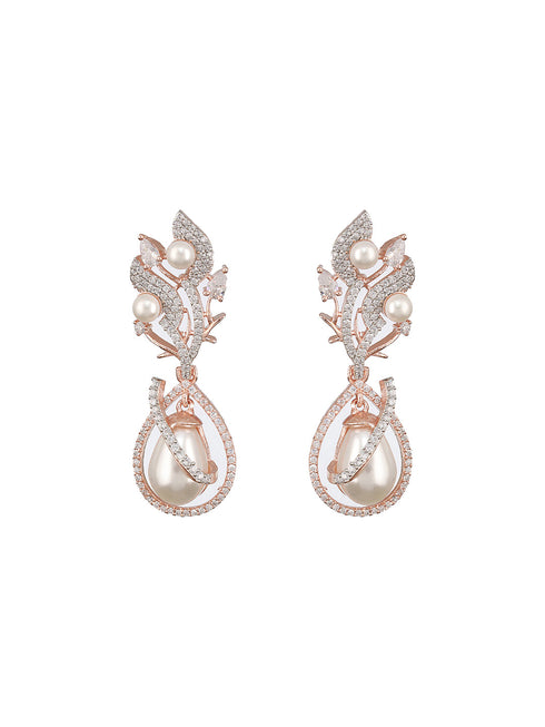 Rose Gold Plated Pearl Beaded Designer Luxe Earrings