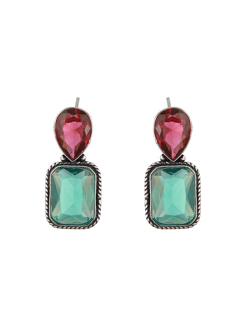 Silver Plated Red & Green AD Minimal Luxe Drop Earrings