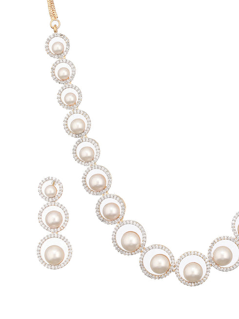 Gold Toned Pearl Beaded Designer Minimal Necklace Jewellery Set