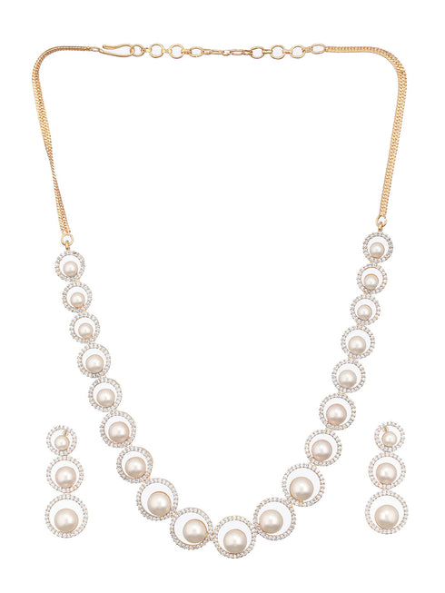 Gold Toned Pearl Beaded Designer Minimal Necklace Jewellery Set