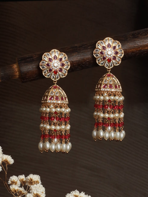 Gold Plated Red AD Pearl Beaded Contemporary Long Jhumka Earrings