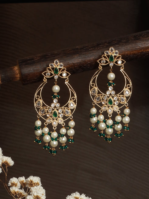 Gold Plated Green Zircon Pearl Beaded Kundan Crescent Danglers Chandbali Earrings