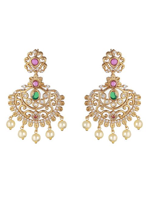 Gold Plated CZ Studded Floral Necklace Jewellery Set