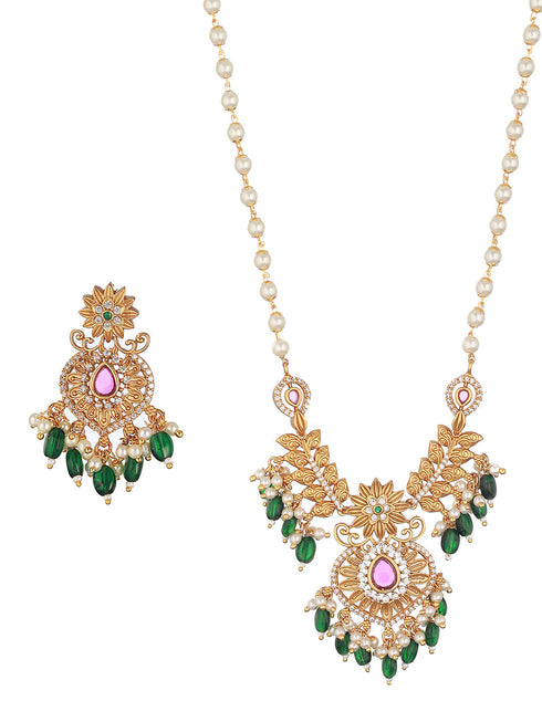 Gold Plated Pearl Mala Haram Floral Necklace Jewellery Set