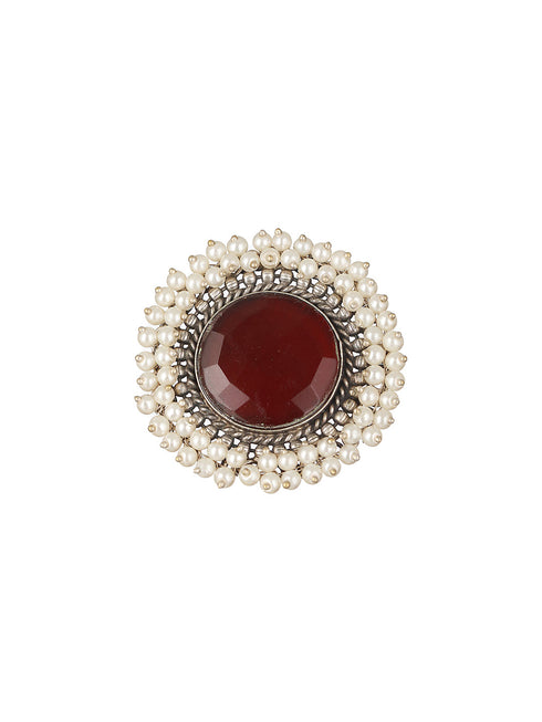 Silver Plated Oxidised Red Ruby Pearl Beaded Adjustable Finger Ring