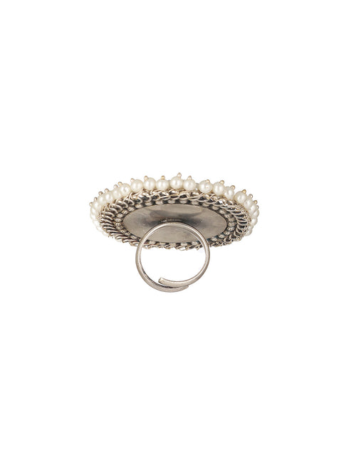 Silver Plated Oxidised Red Ruby Pearl Beaded Adjustable Finger Ring