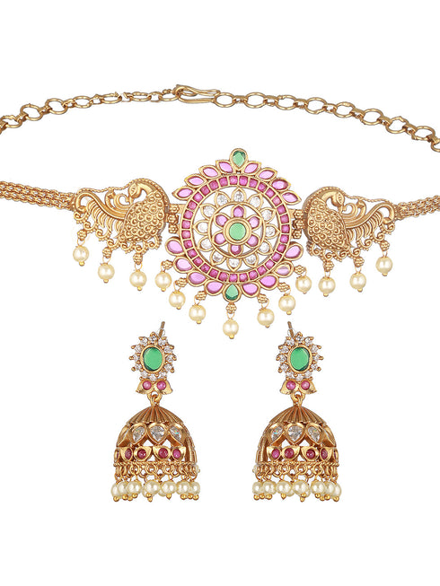 Gold Plated CZ Studded Floral Peacock Choker Jewellery Set