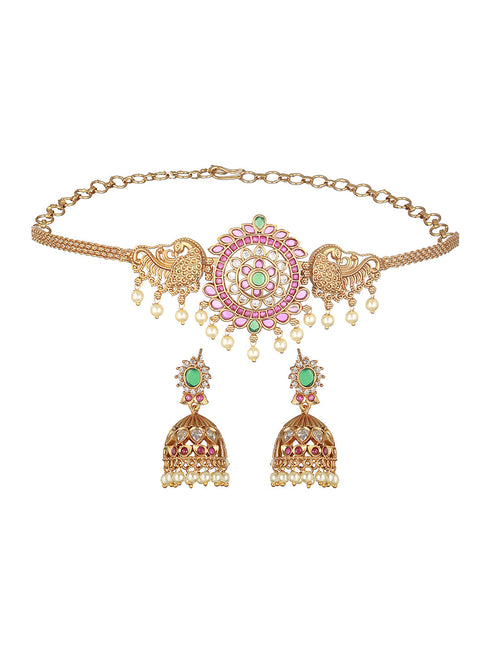 Gold Plated CZ Studded Floral Peacock Choker Jewellery Set