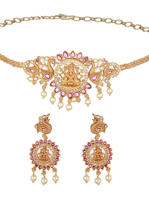 Gold Plated Kempo Studded Goddedd Lakshmi Temple Choker Jewellery Set
