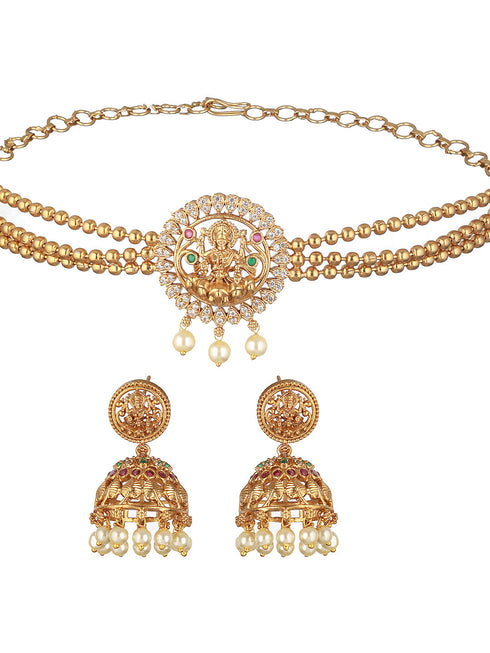 Gold Plated Zircon Studded Goddess Figure Choker Jewellery Set