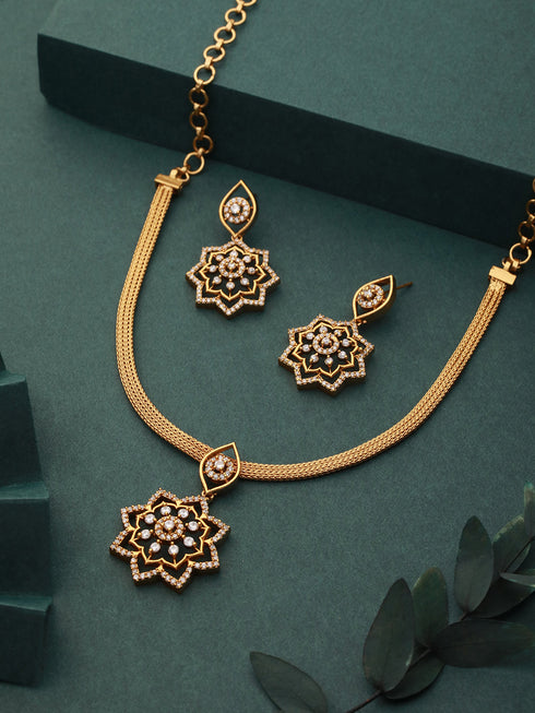 Gold Plated CZ Studded Floral Locket Jewellery Set