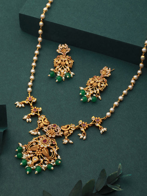 Gold Plated Pearl Mala Haram Floral Necklace Jewellery Set