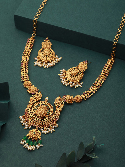 Gold Plated Zircon Studded Lakshmi Ji Necklace Jewellery set