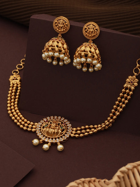 Gold Plated Zircon Studded Goddess Figure Choker Jewellery Set