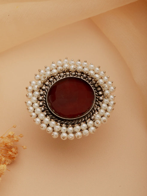 Silver Plated Oxidised Red Ruby Pearl Beaded Adjustable Finger Ring