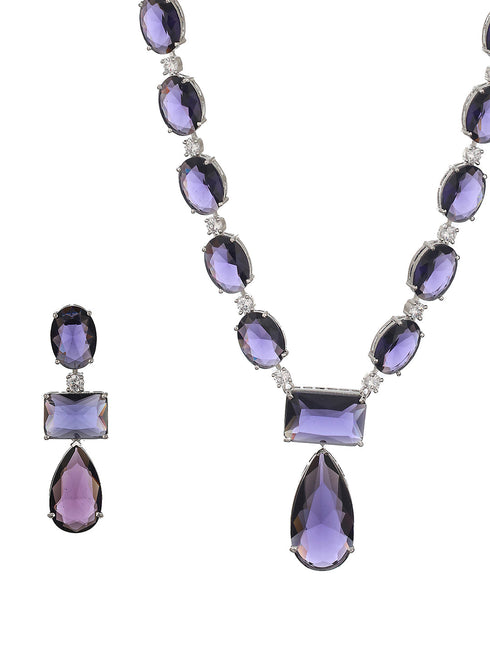 Silver Toned Blue Amethyst Doublet Studded Luxe Designer Necklace Jewellery Set