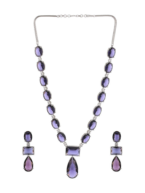 Silver Toned Blue Amethyst Doublet Studded Luxe Designer Necklace Jewellery Set