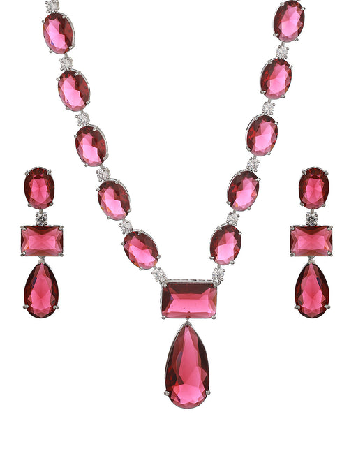 Silver Toned Red Ruby Designer Patywear Necklace Jewellery Set