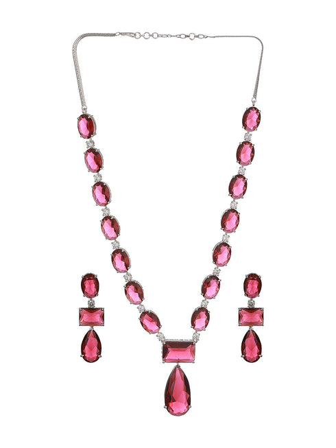 Silver Toned Red Ruby Designer Patywear Necklace Jewellery Set