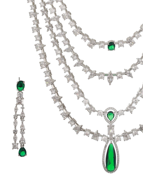 Silver Plated Green AD Multilayered Luxe Bridal Jewellery Set