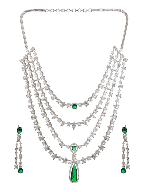 Silver Plated Green AD Multilayered Luxe Bridal Jewellery Set