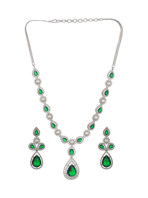 Silver Toned Green AD & Pearl Beaded Minimal Designer Jewellery Set