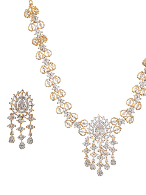 Gold Toned AD Studded Minimal Floral Delicate Pendant Jewellery Set
