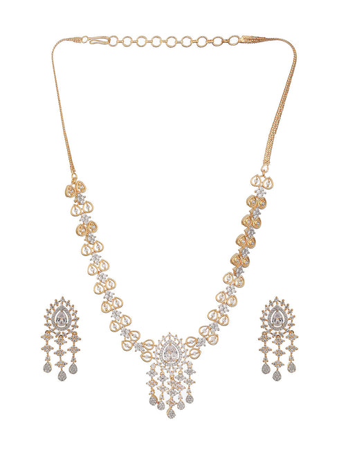 Gold Toned AD Studded Minimal Floral Delicate Pendant Jewellery Set