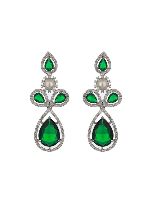 Silver Toned Green AD & Pearl Beaded Minimal Designer Jewellery Set